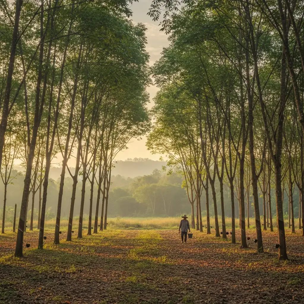 Wide shot of southern Thailand rubber plantation with farmer walking between rows of trees