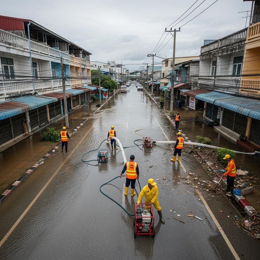 Municipal workers pump out brown floodwater from a Hat Yai street lined with shophouses
