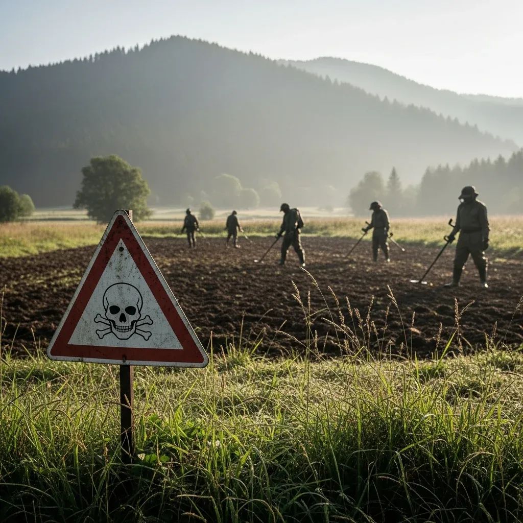 Distant demining team clearing farmland near Thailand-Cambodia border with a mine warning sign