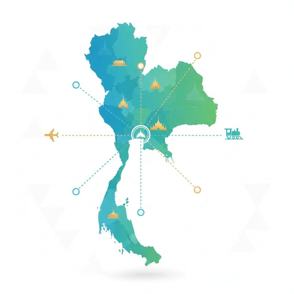 Infographic map of Thailand with travel icons showing expanded routes and infrastructure for new tourism plan