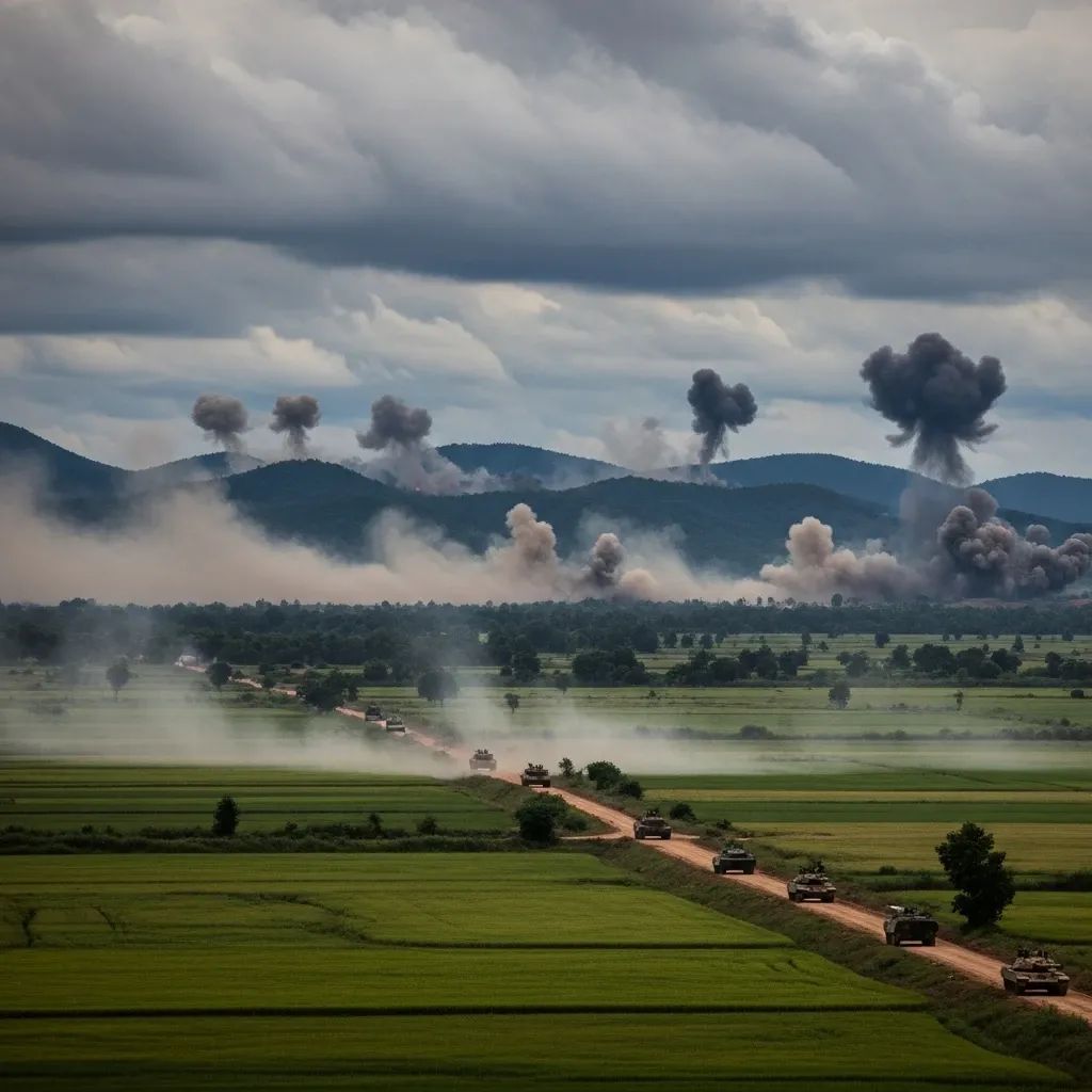 Artillery fire and smoke over a hilly border ridge in northeastern Thailand near Cambodia