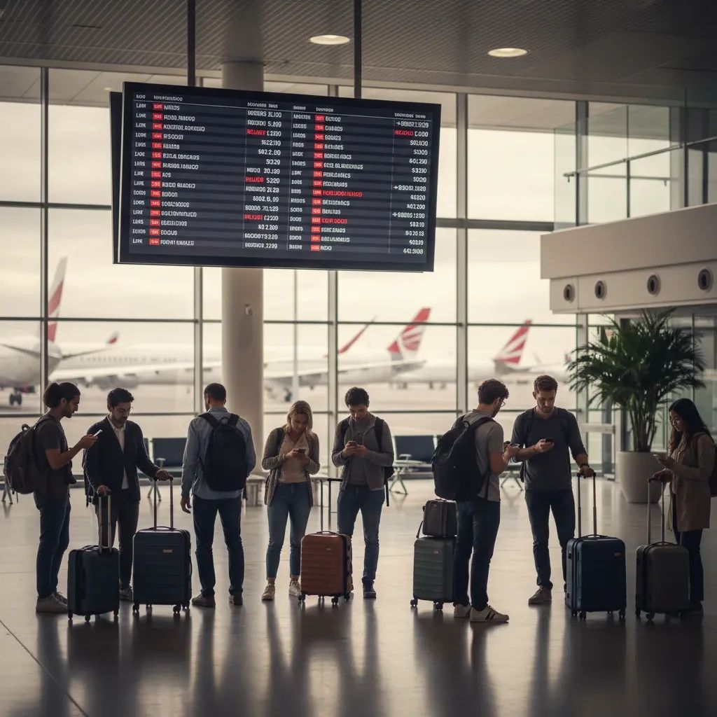 Airport terminal with travelers checking flight information and pricing boards