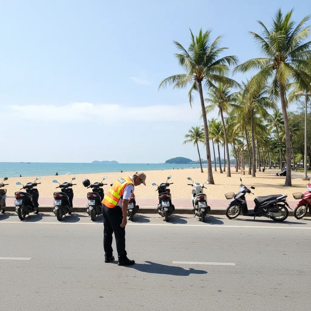 Municipal officer inspects parked scooters along palm-lined Pattaya beachfront road in bright daylight
