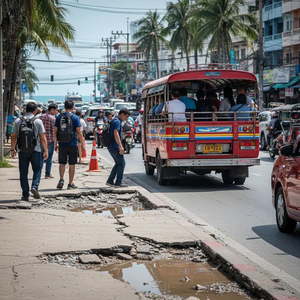 Colorful baht-bus on Pattaya street with deteriorated sidewalk and pedestrians, illustrating transportation and infrastructure safety concerns