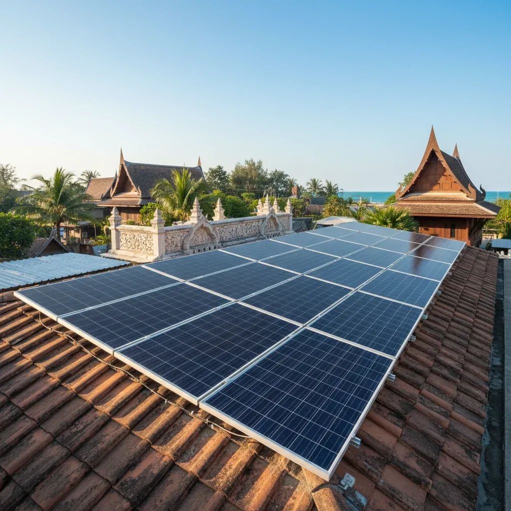 Residential solar panel installation on Thai rooftop with coastal setting visible in background
