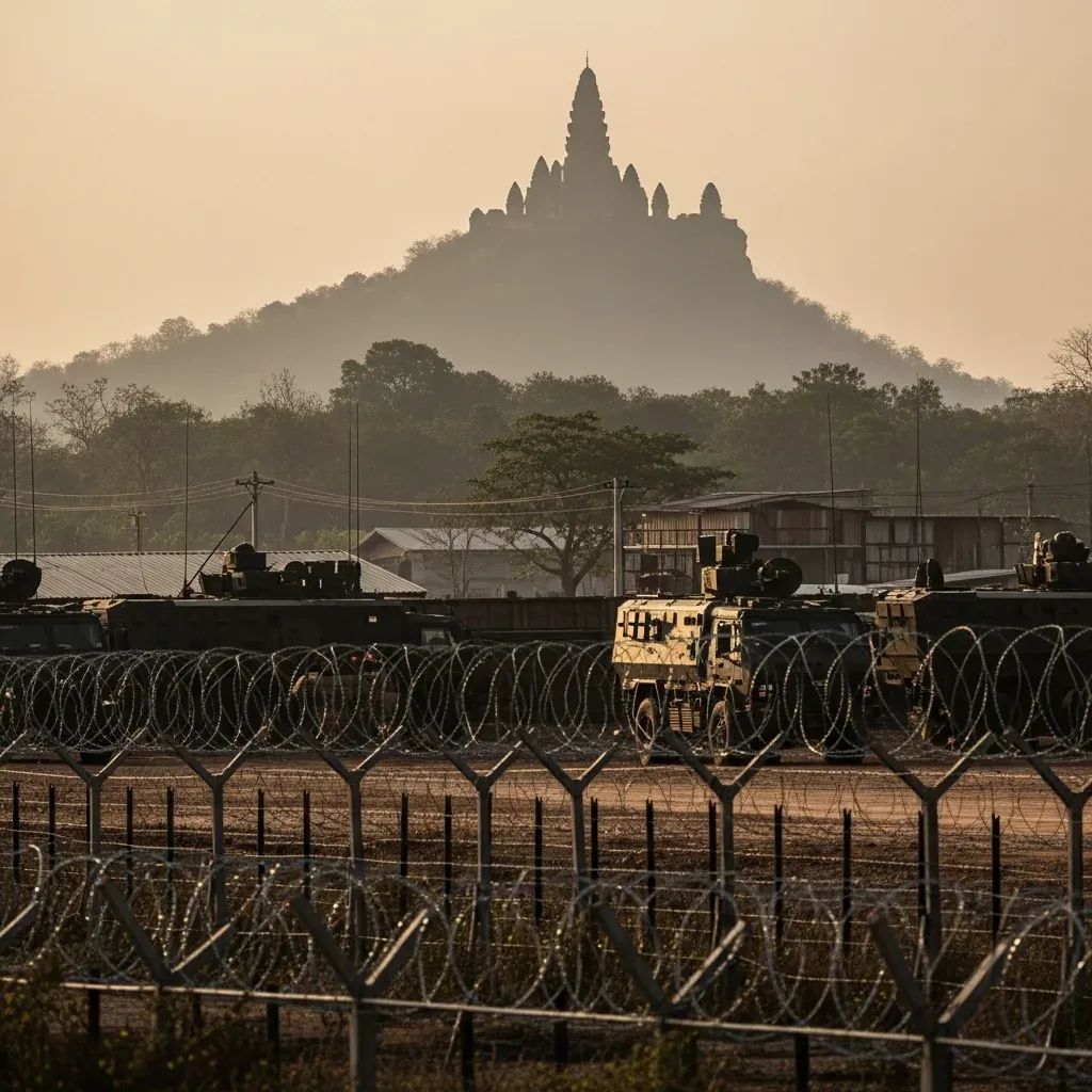 Thai military border outpost with barbed wire fence and hilltop temple ruins