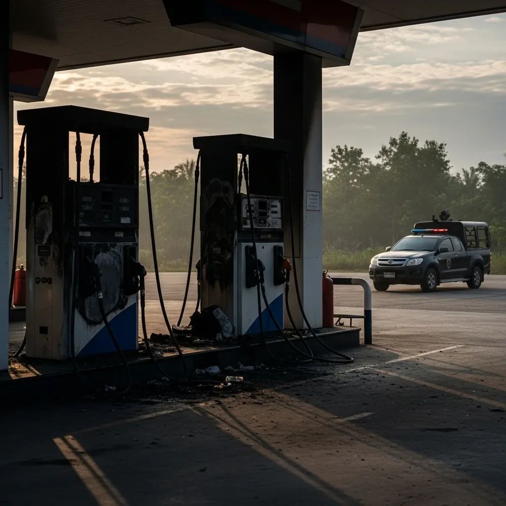 Charred petrol pumps at a rural Southern Thailand station guarded by a security patrol vehicle at dawn