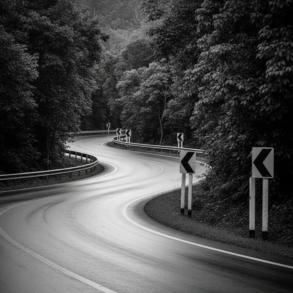 Winding rural Thai road with chevron warning signs at a dangerous curve during late afternoon