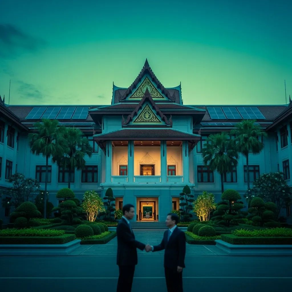 Two negotiators shake hands outside Thai Foreign Ministry building with solar panels on its roof at dusk