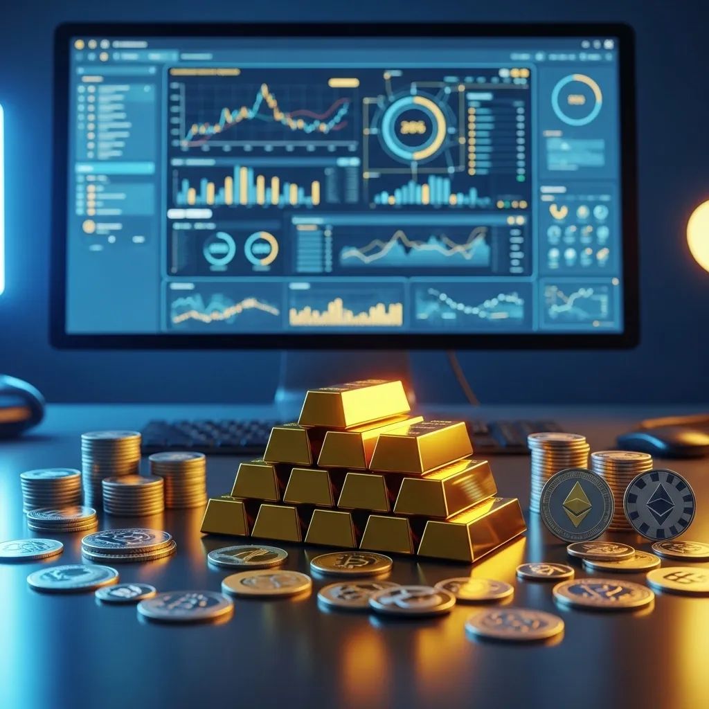 Gold bars and cryptocurrency coins with a data dashboard on a computer screen in a Thai office
