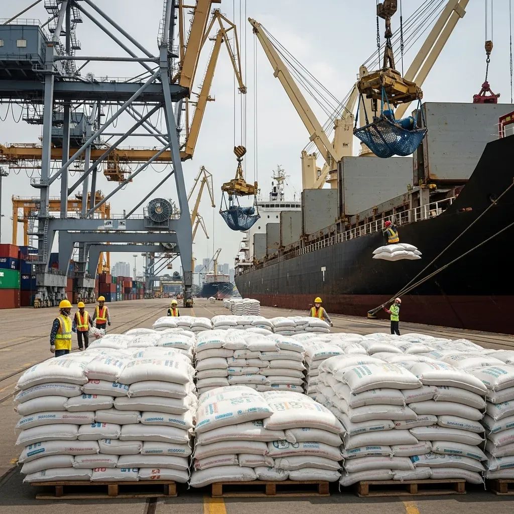 Cargo ship at Thai port loaded with sacks of rice for export