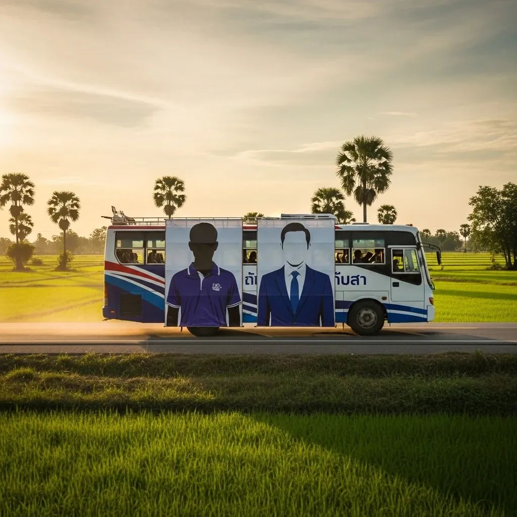 Thai campaign bus with twin candidate posters in rural landscape during election season