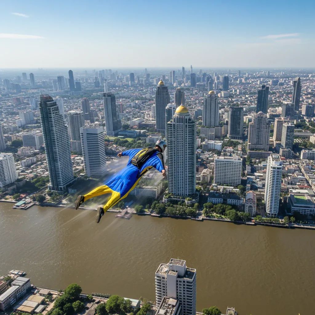 Red Bull wingsuit athlete flying over Bangkok skyline and Chao Phraya River during extreme sports event