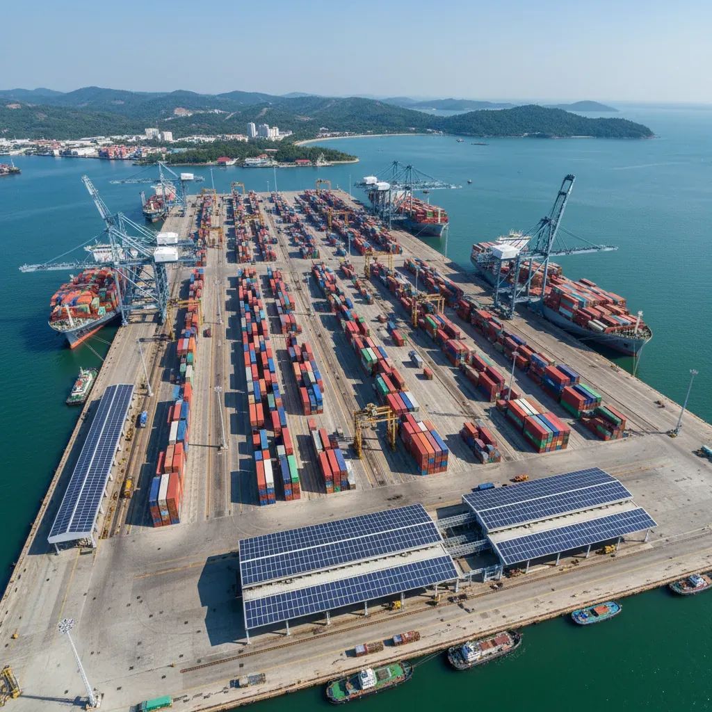 Thai port facility with cargo containers and shipping vessels showing supply chain disruptions affecting renewable energy equipment imports
