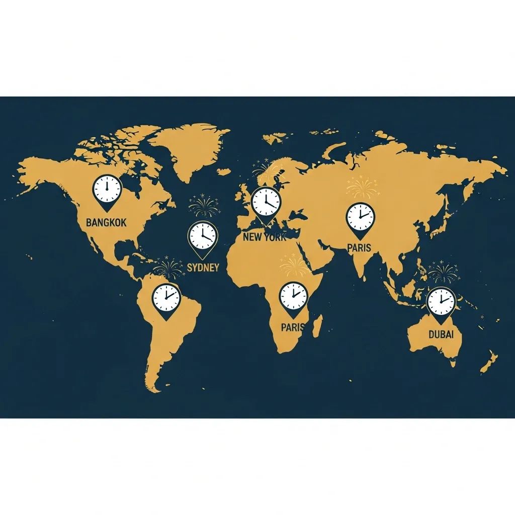 Infographic world map with clocks and fireworks marking New Year’s Eve celebrations in Bangkok, New York, Sydney, Paris and Dubai