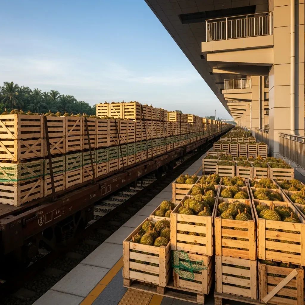 Freight train carrying crates of durians at a Southeast Asian border crossing station