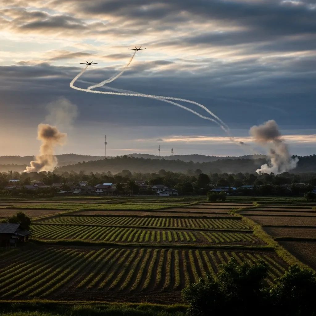 Military drones flying over a rural Thai border village with smoke plumes in farmland