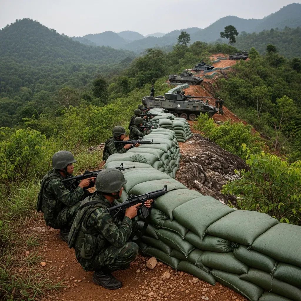 Thai soldiers manning defensive sandbag positions on a ridge near the Cambodian border
