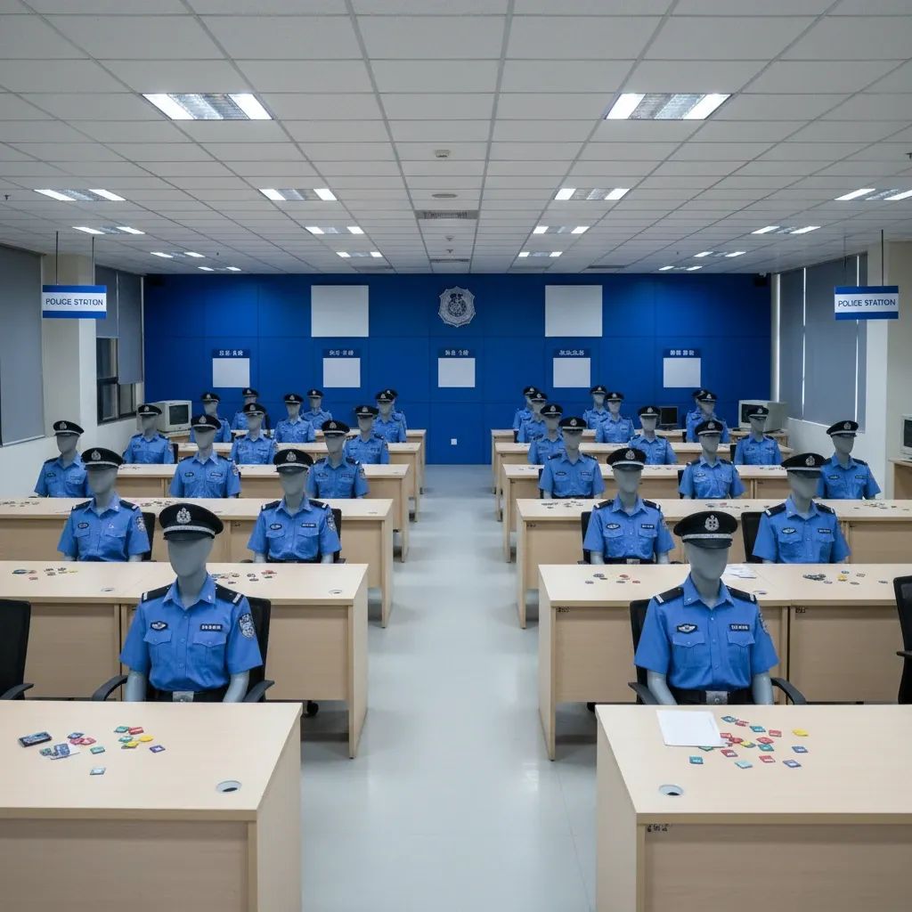 Interior of a deserted fake police station set with mannequins at desks and scattered SIM cards