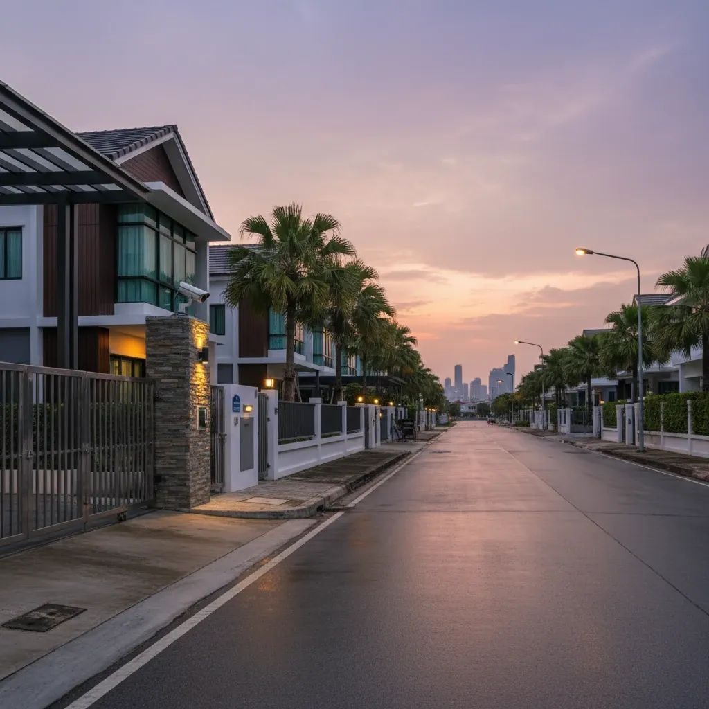 Gated residential community in Chon Buri with security barriers and townhouse architecture