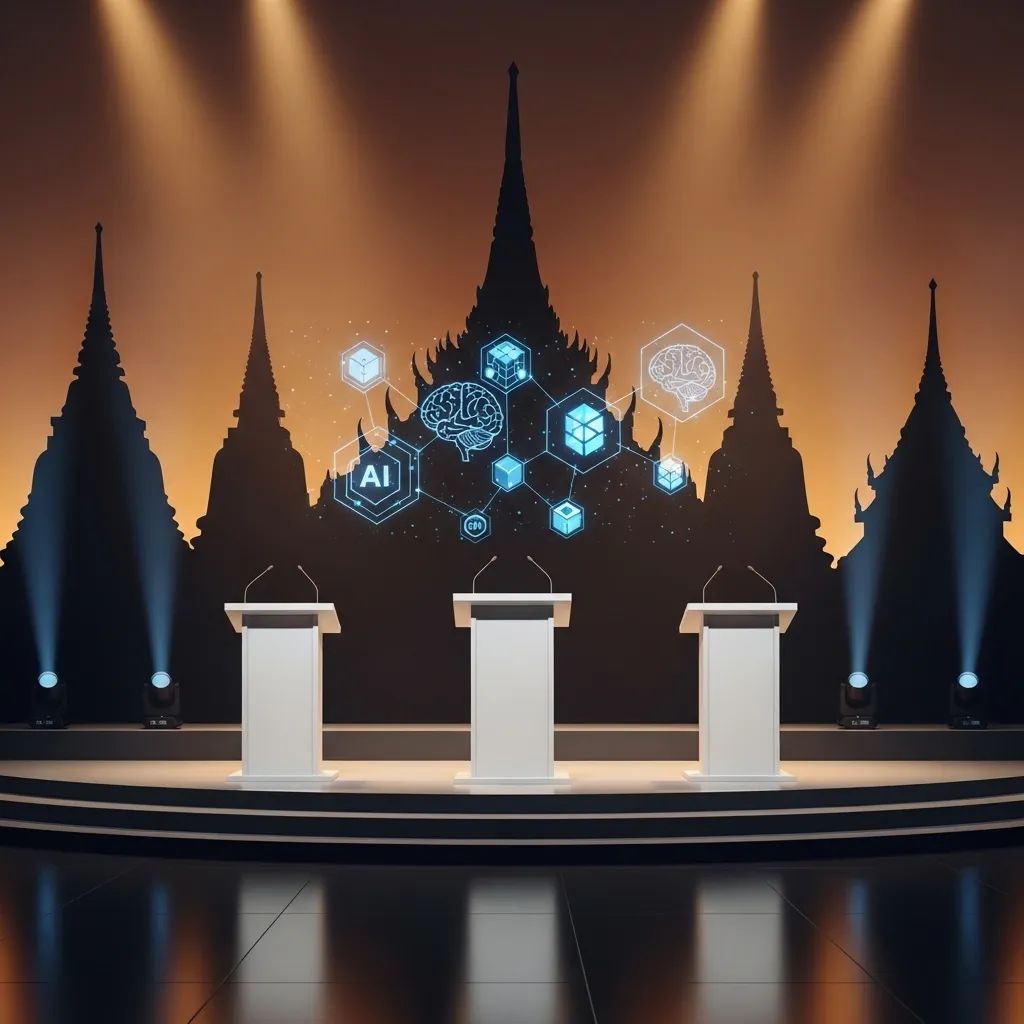 Modern campaign stage with three podiums and digital economy symbols