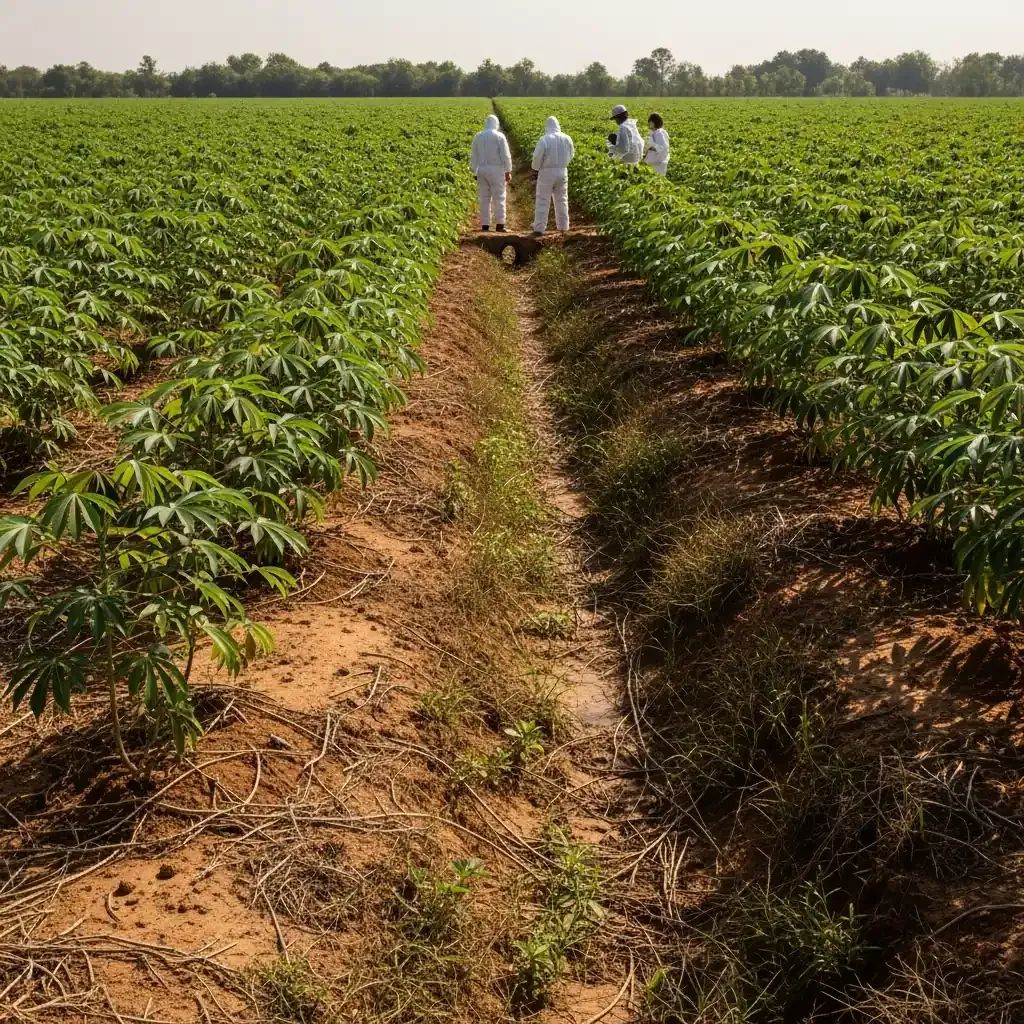 Cassava plantation drainage ditch in rural Pattaya under midday sun