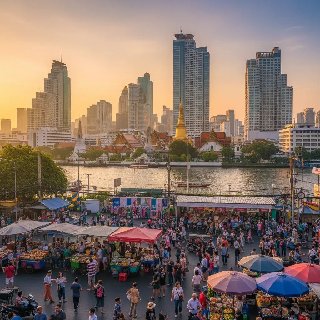 Bangkok skyline blending ancient temples with modern buildings and busy street markets full of travelers