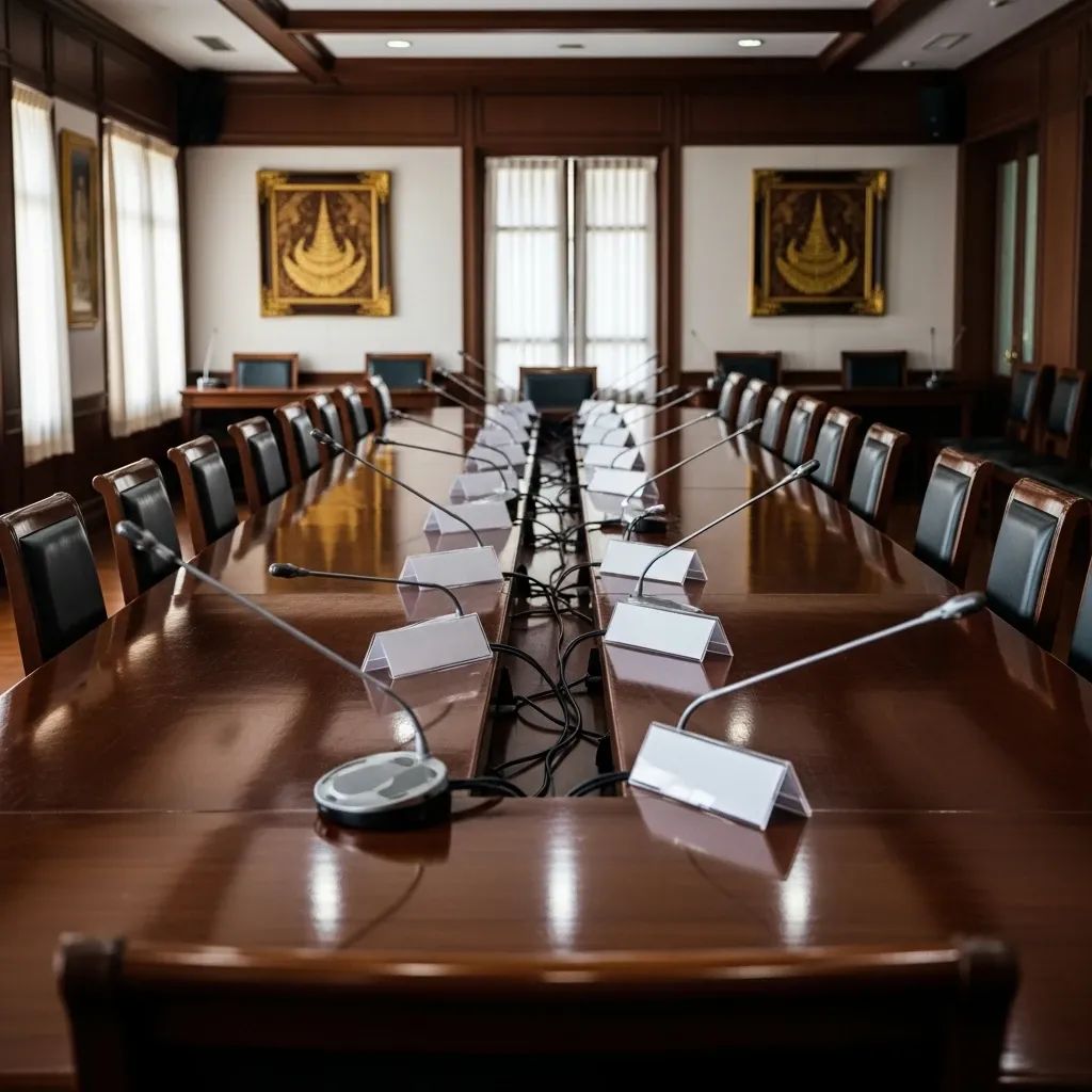 Empty meeting room in Thai party headquarters with microphones on a wooden table