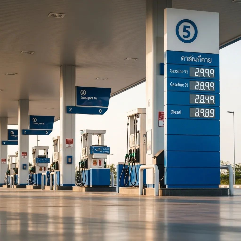 Thai gas station forecourt with fuel pumps and digital price board