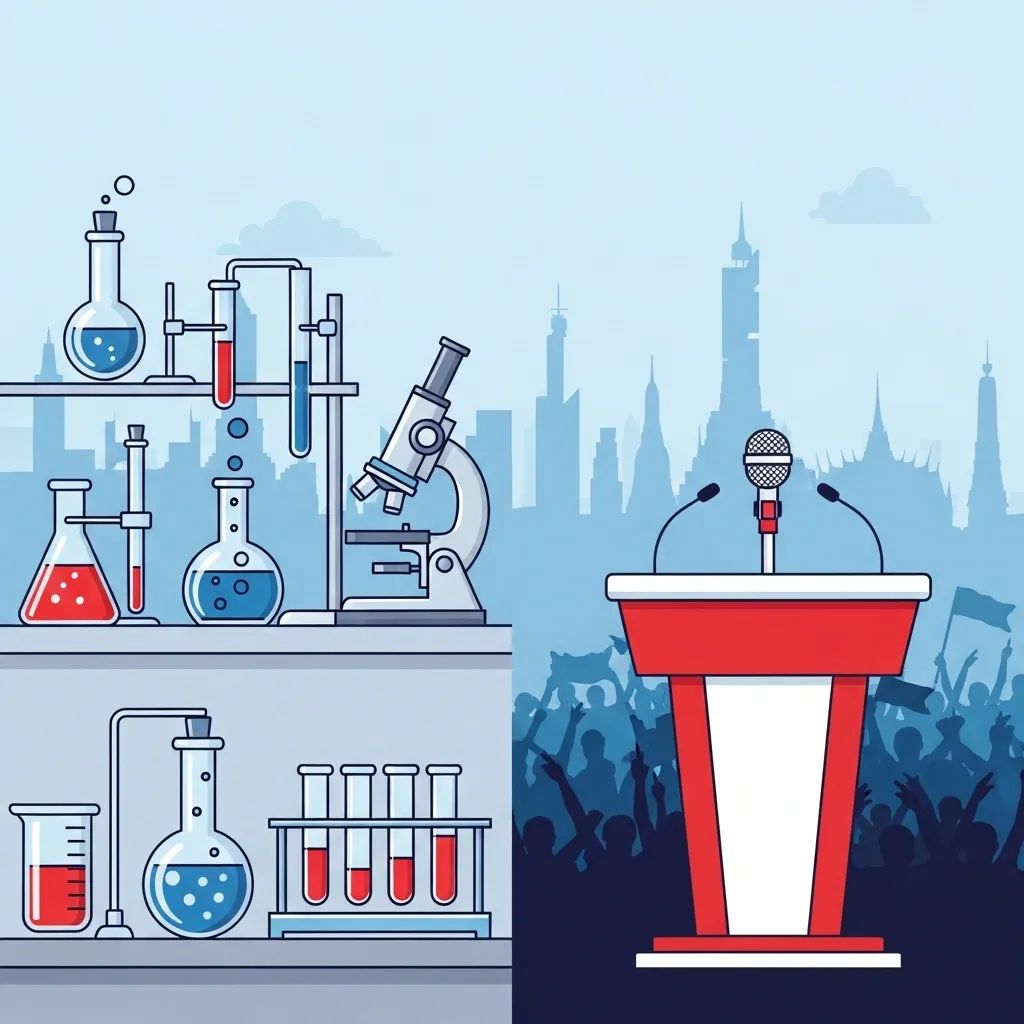 Split illustration of lab equipment and election podium symbolizing a scientist-turned-political candidate in Thailand