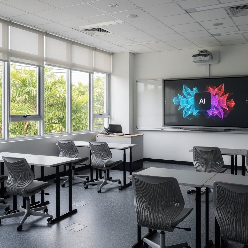 Modern international school classroom with interactive digital whiteboard showing AI graphics and tropical greenery outside