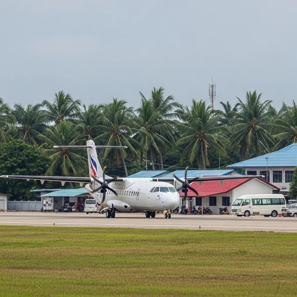 ATR-72 turboprop taxiing at a small Thai airport with a minibus near the terminal