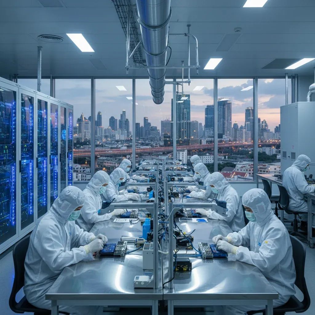Modern electronics manufacturing facility with circuit boards, servers, and industrial equipment in Thailand.