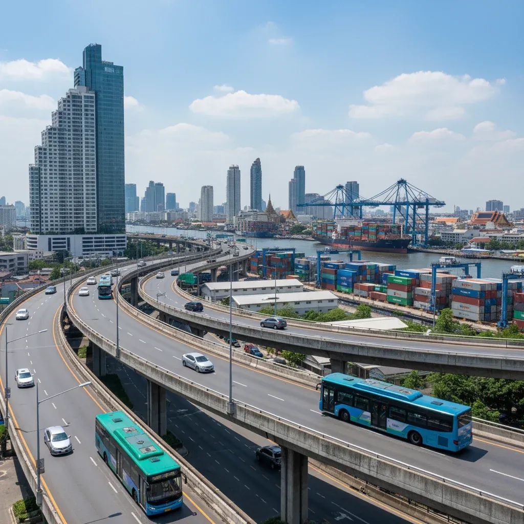 Composite visualization of Thailand's transport projects including highways, electric buses, and shipping infrastructure with Bangkok cityscape