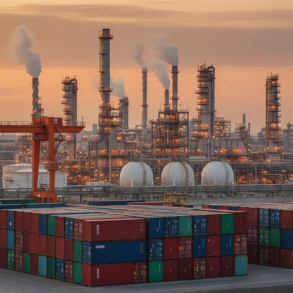 Industrial petrochemical refinery with stacked shipping containers representing supply chain disruption
