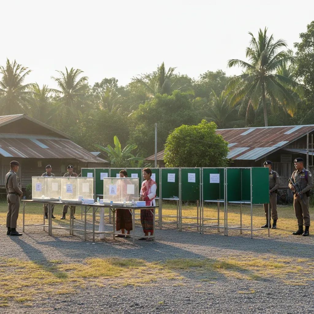 Wide view of a Southern Thai polling station with soldiers and police quietly guarding ballot boxes