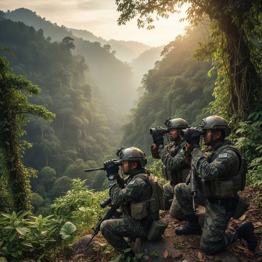 Thai police officers conducting surveillance in dense jungle terrain during fugitive capture operation