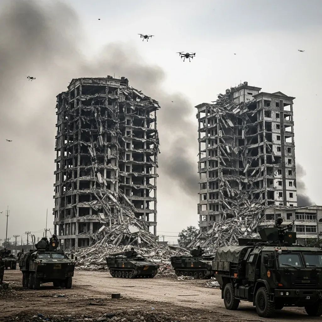 Ruined high-rise towers and Thai military drones near the Poipet border after demolition strike