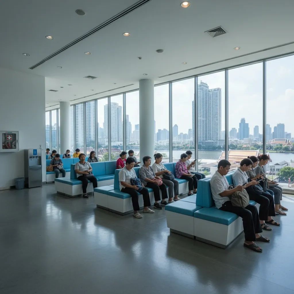Interior of Bangkok cooling center with residents resting during extreme heat conditions