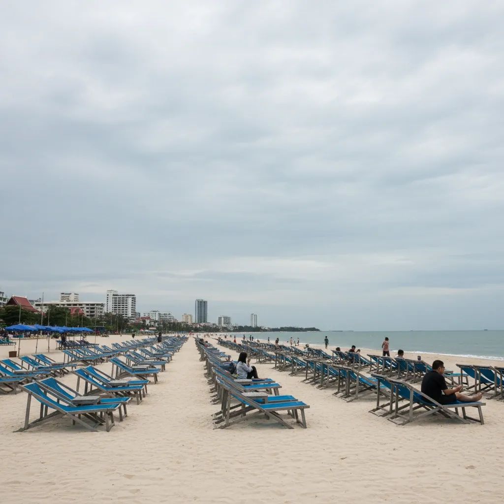 Empty beach loungers line Pattaya shore as occupancy rates decline during tourism slowdown