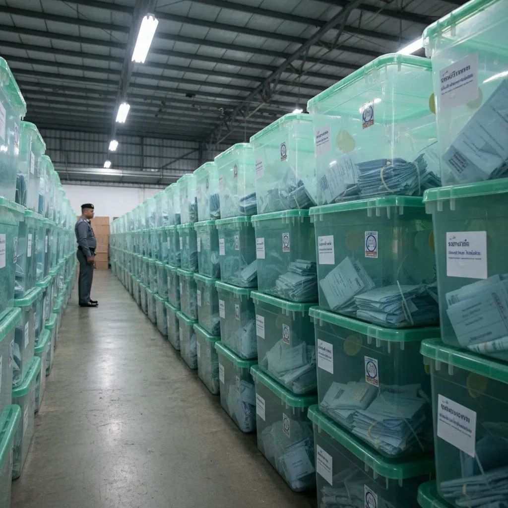 Stacks of green Thai ballot boxes in a warehouse guarded by an officer, highlighting election recount uncertainty
