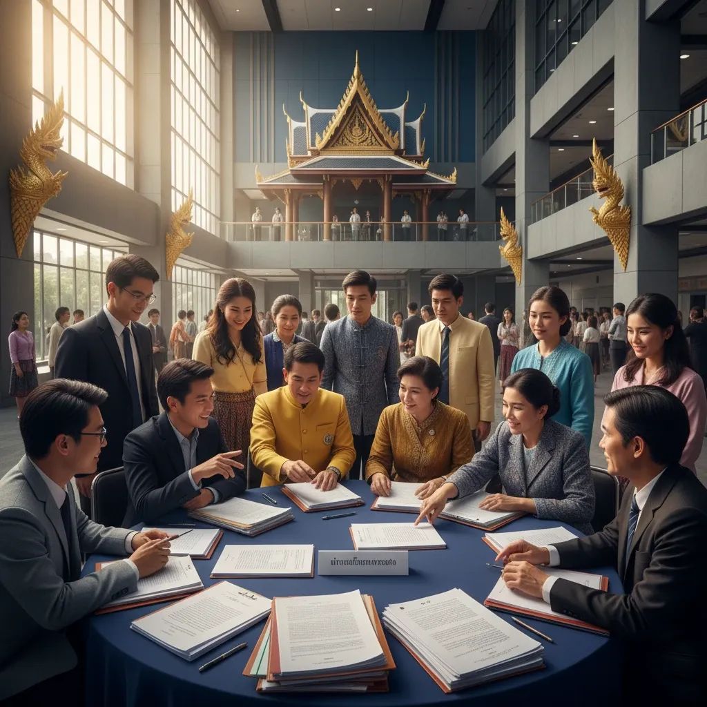 Thai citizens and government officials in civic institution discussing reform proposals