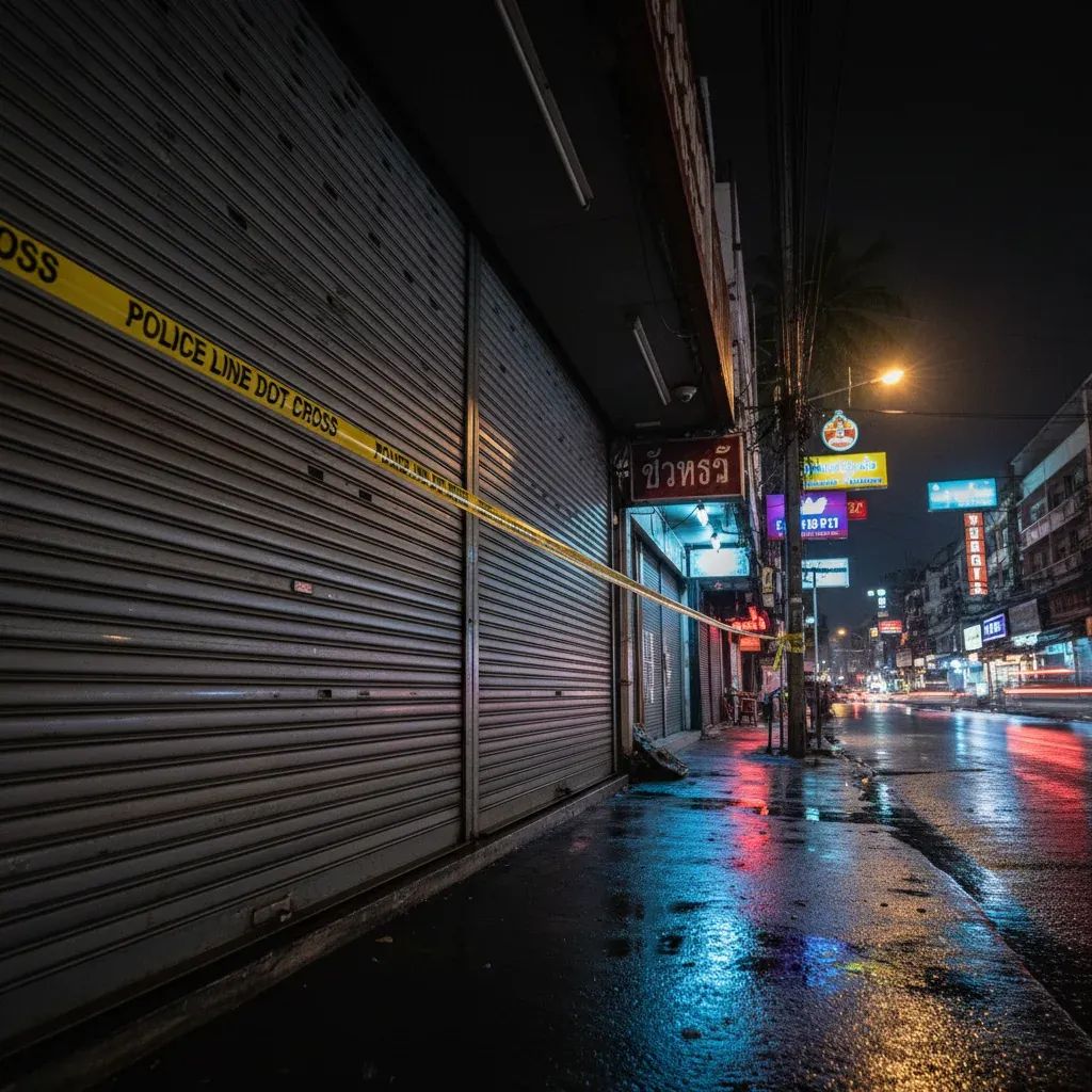 Closed Pattaya karaoke bar sealed with police tape and flashing lights after trafficking raid