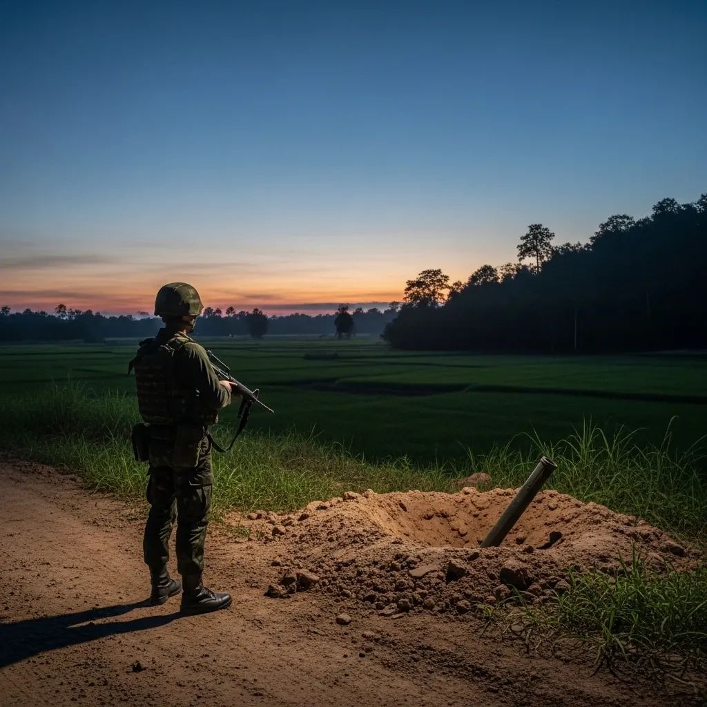 Thai soldier stands guard near a mortar crater at a rural Ubon border outpost