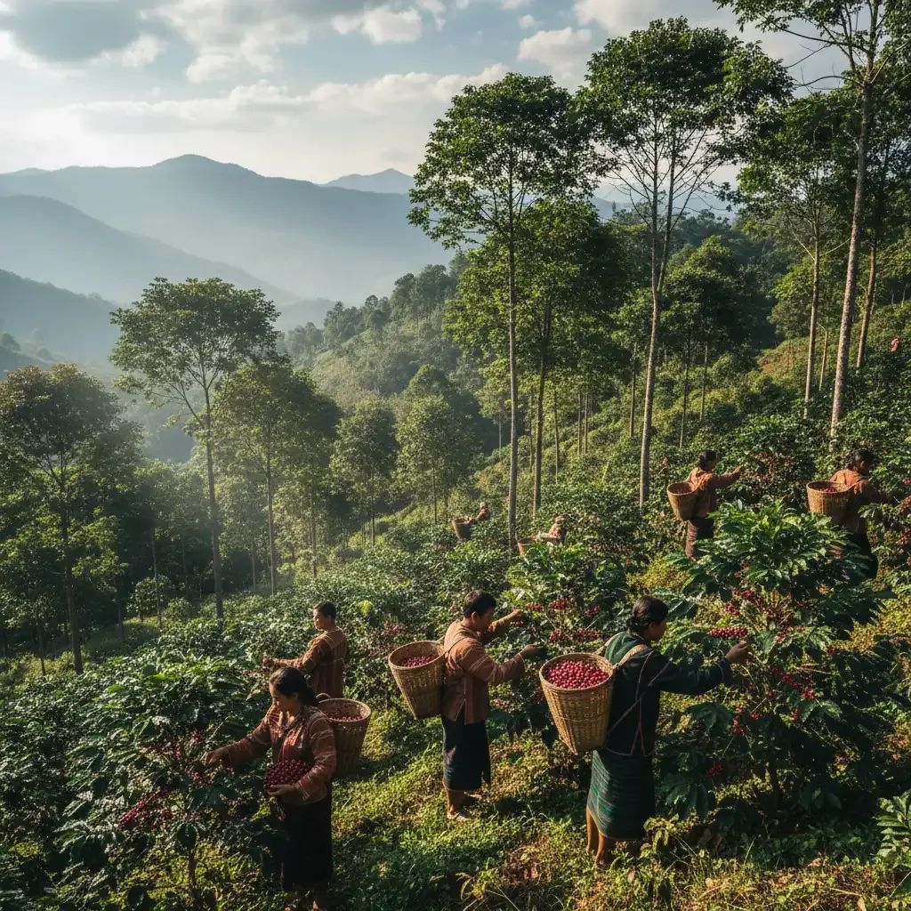 Coffee farmers harvesting Arabica cherries on misty mountain slopes in Pangkhon, Chiang Rai