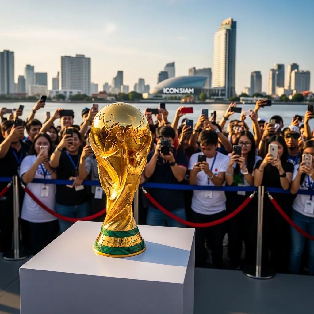 Golden FIFA World Cup Trophy displayed riverside at IconSiam with blurred fans in background