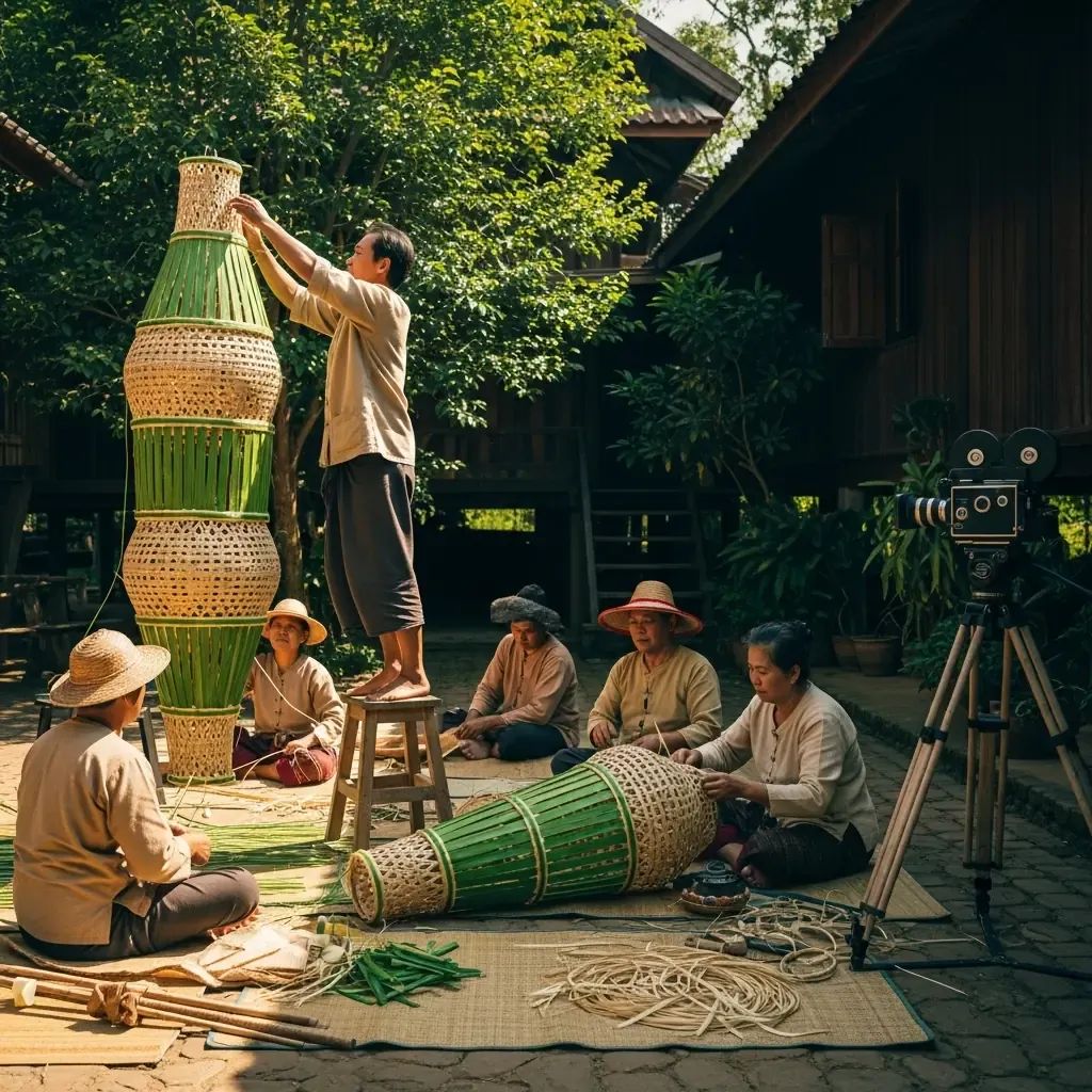 Villagers weaving a giant fai tung lantern beside a film camera in a Thai village courtyard