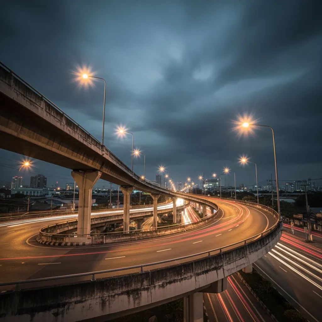 Aerial view of Sukhumvit road U-turn bridge at night with truck traffic and poor visibility conditions