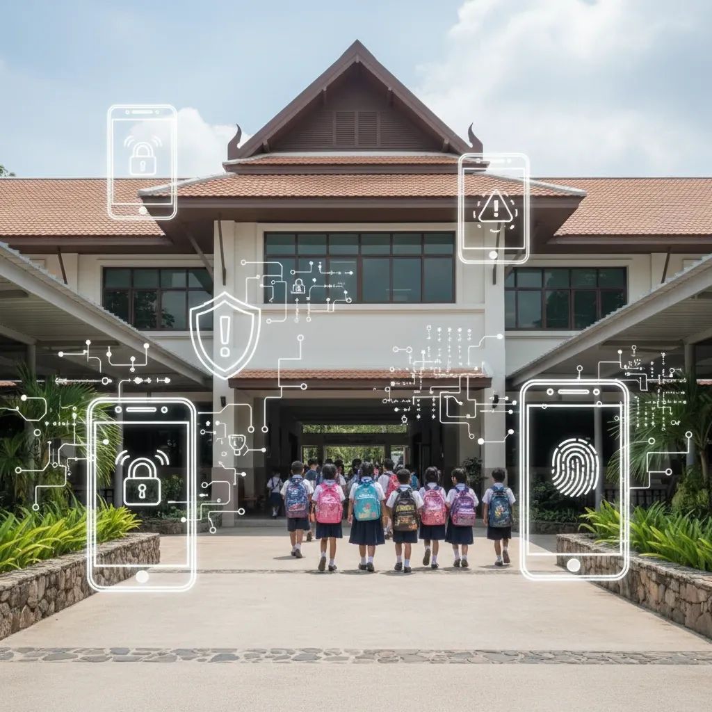 Thai school building with security and technology elements representing biometric data breach and identity theft threat
