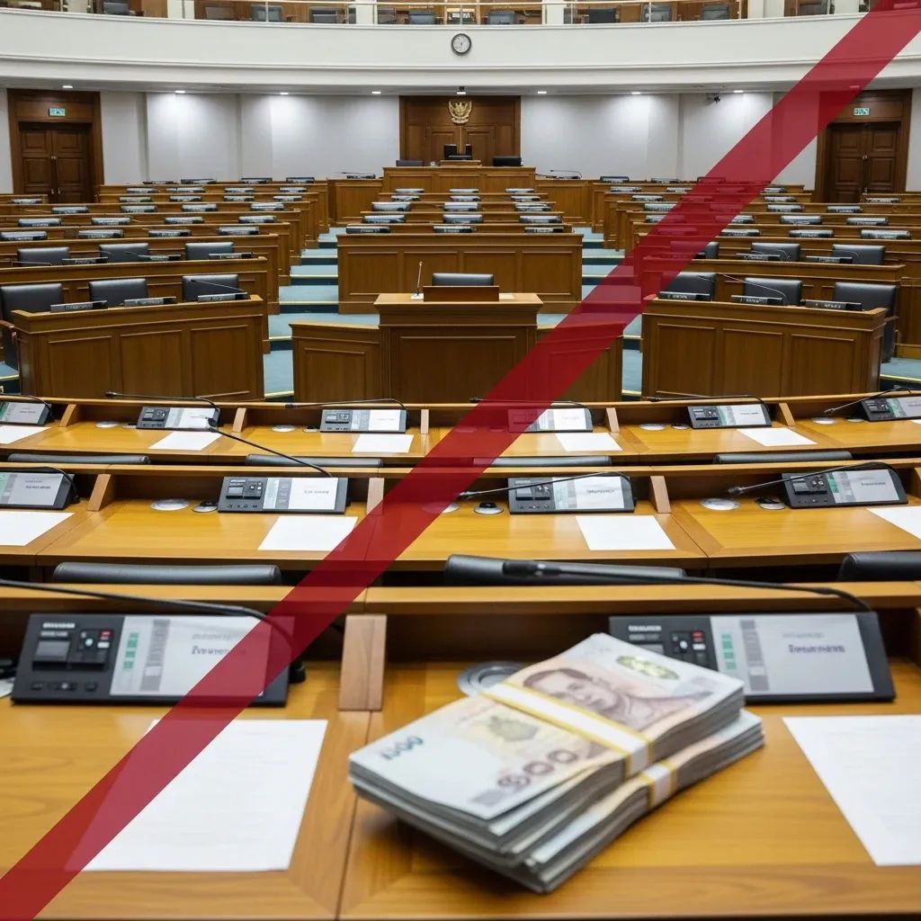Empty Thai parliament chamber with a red prohibition line over a stack of banknotes